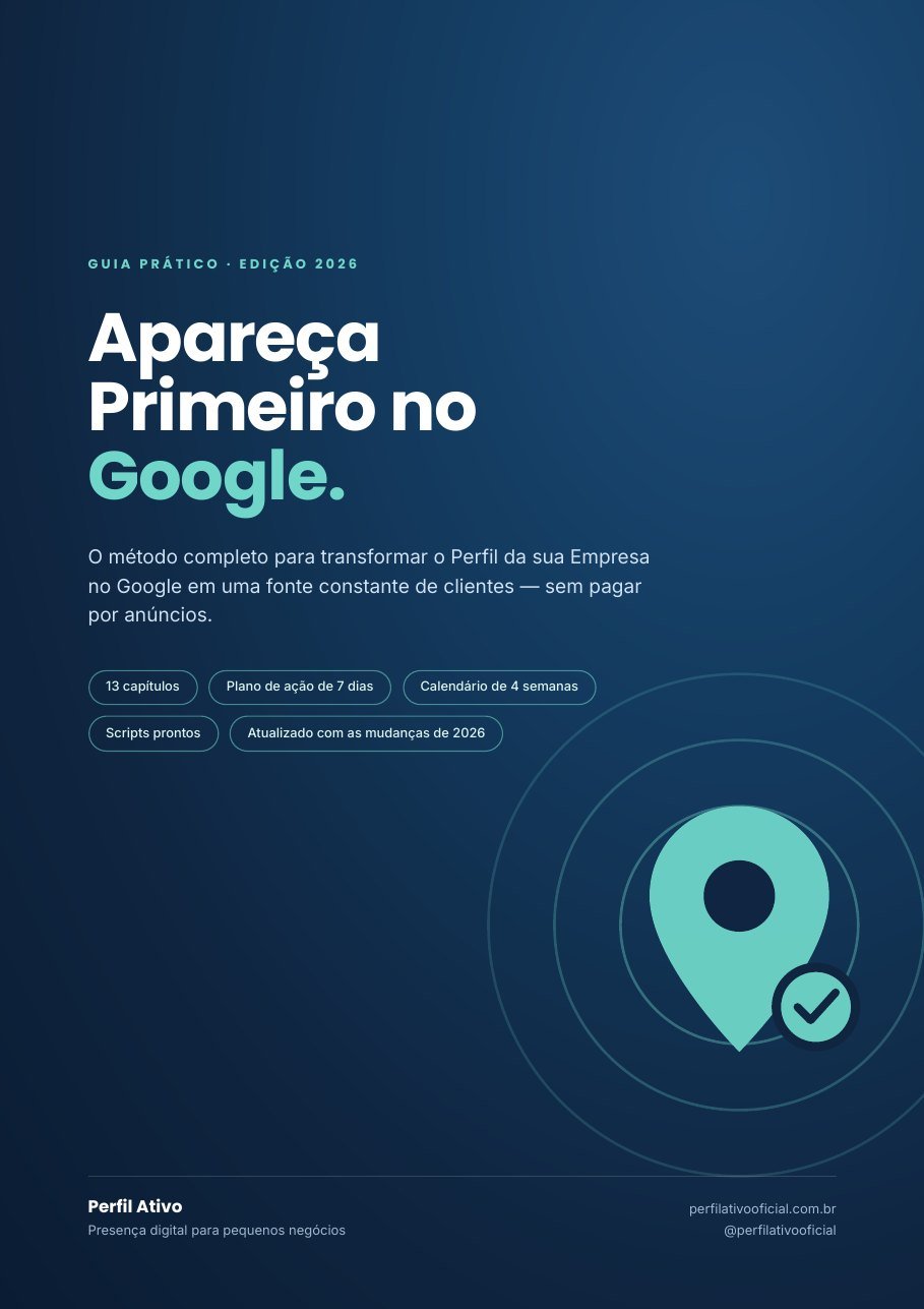Capa do guia Apareça Primeiro no Google — guia prático do Google Meu Negócio, edição 2026