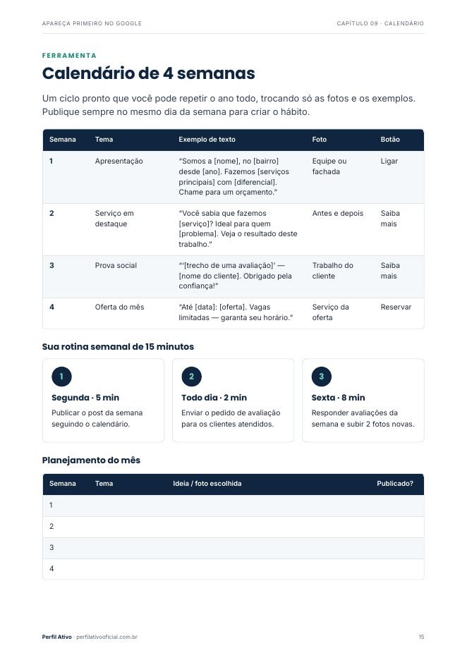 Página do guia com calendário de postagens de 4 semanas